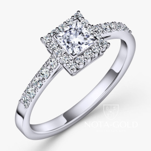 Кольцо с лабораторным бриллиантом Принцесса и дорожкой лабораторных бриллиантов (Вес 2,3 гр.)