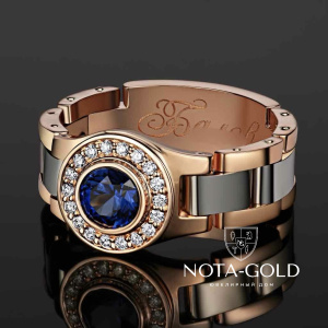 Мужское кольцо с подвижными звеньями из золота с сапфиром, бриллиантами и гравировкой (Вес 17,7 гр.)