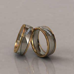 Двухцветные обручальные кольца с растительным узором и бриллиантами на заказ  (Вес пары: 13 гр.)