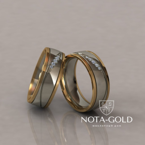 Двухцветные обручальные кольца с растительным узором и бриллиантами на заказ  (Вес пары: 13 гр.)