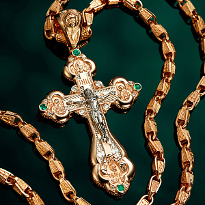 Золотой мужской крест с изумрудами эксклюзивного дизайна Распятие Иисуса Христа и лик Николай Чудотворец (Вес: 36 гр.)