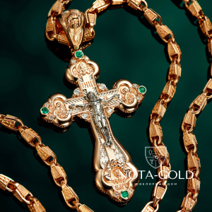Золотой мужской крест с изумрудами эксклюзивного дизайна Распятие Иисуса Христа и лик Николай Чудотворец (Вес: 36 гр.)