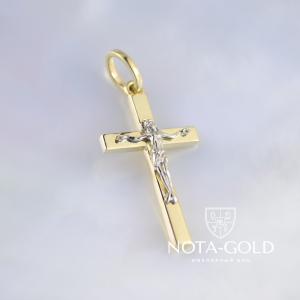 Нательный крестик из позолоченного серебра Спаси и сохрани с распятием (Вес 2 гр.)