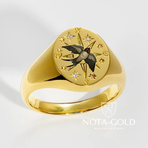 Женское кольцо печатка Ласточка из желтого золота с бриллиантами и эмалью (Вес 20,6 гр.)