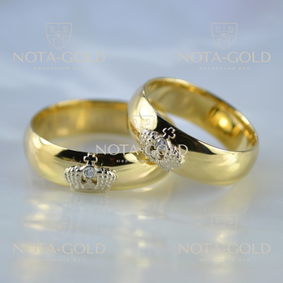 Классические обручальные кольца с короной и бриллиантами (Вес пары: 13,5 гр.)