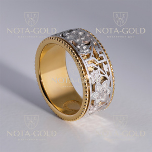 Кольцо из желтого золота с подвижной частью из белого золота с узором (Вес 9,3 гр.)