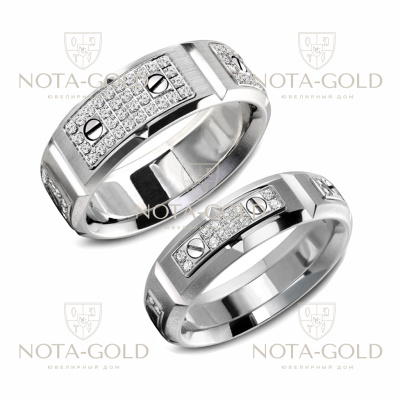 Широкие обручальные кольца из белого золота в виде звеньев браслета с бриллиантами (Вес пары: 19 гр.)