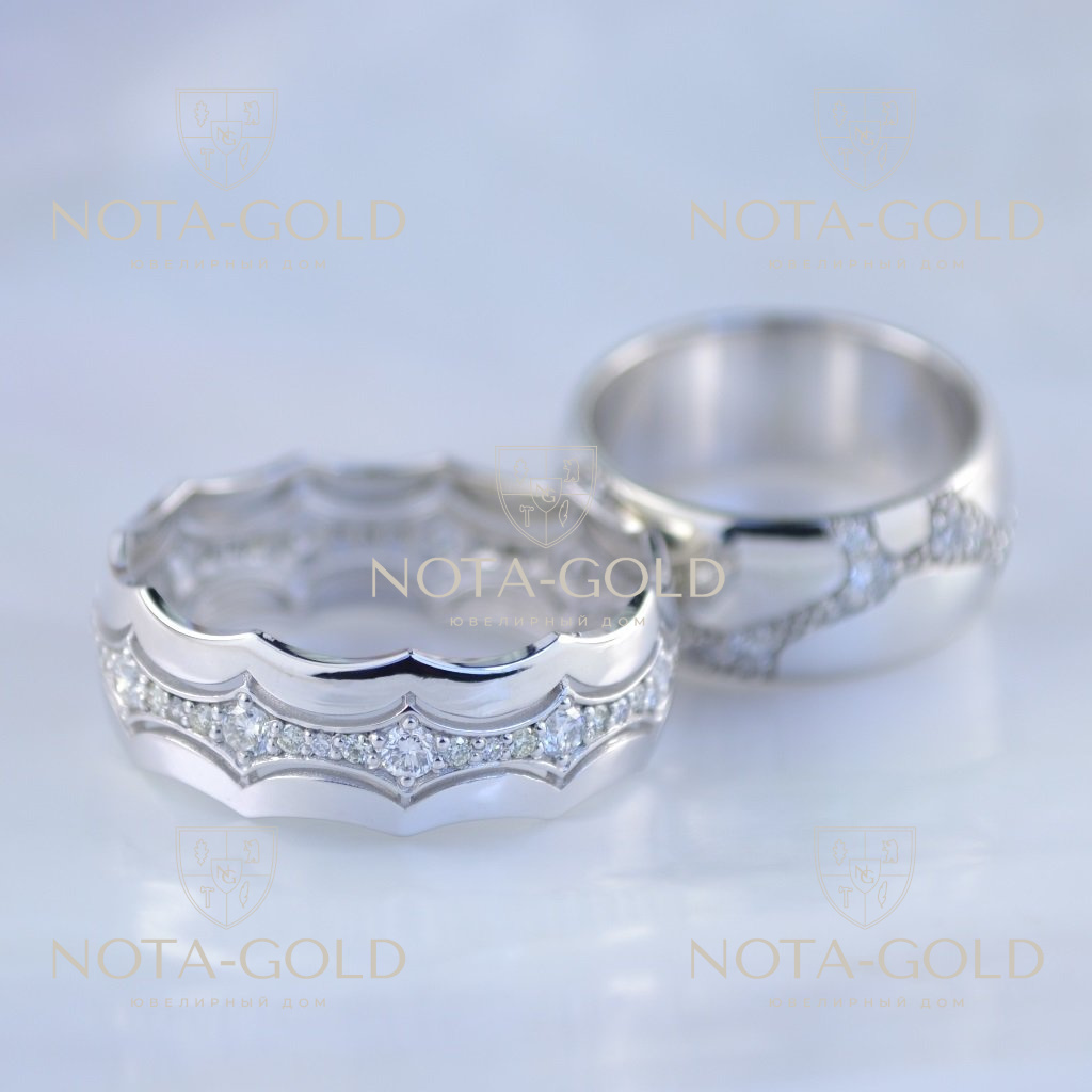 Эксклюзивные обручальные кольца на заказ из белого золота с дорожками избриллиантов (Вес пары 11 гр.)