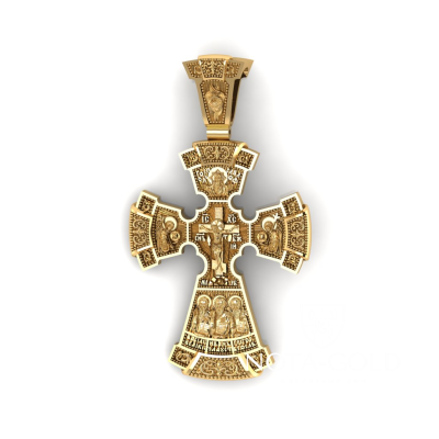Серебряный крест с позолотой, узорами и ликами Святых - Господь Вседержитель, Архангелы Гавриил и Михаил, Иисус Христос, Архиепископы Василий Великий, Иван(Иоанн) Златоуст, Григорий Богослов, Ангел Серафим с молитвой Богу единому и Кресту животворящему (В