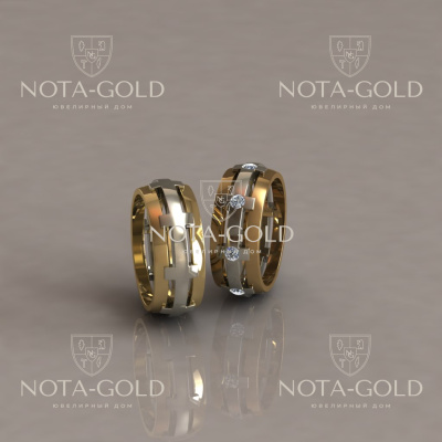 Двухцветные эксклюзивные обручальные кольца с бриллиантами на заказ (Вес пары: 11 гр.)