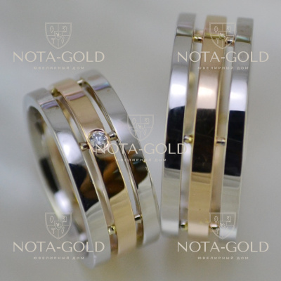 Двухцветные свадебные кольца с бриллиантом в женском кольце на заказ (Вес пары: 16 гр.)
