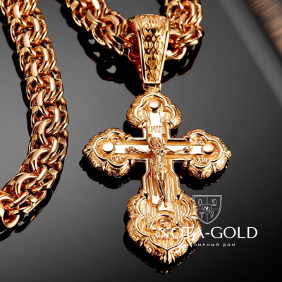 Нательный мужской крестик среднего размера из золота с узорами эксклюзивного дизайна и гравировкой Спаси и Сохрани (Вес: 14,5 гр.)