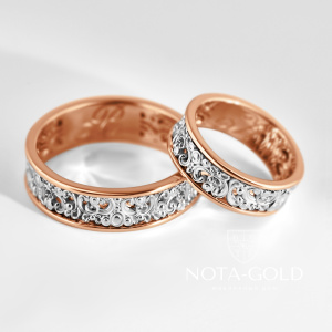 Авторские обручальные кольца с резным винтажным узором из двух оттенков золота (Вес пары:15 гр.)