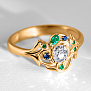 Женское золотое кольцо цветок с крупным бриллиантом, сапфирами и изумрудами (Вес 4,5 гр.)
