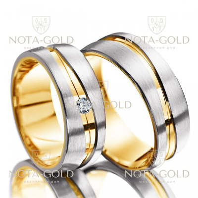 Матовые двухцветные обручальные кольца с бриллиантом на заказ (Вес пары: 15 гр.)