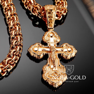 Нательный мужской крестик среднего размера из золота с узорами эксклюзивного дизайна и гравировкой Спаси и Сохрани (Вес: 14,5 гр.)