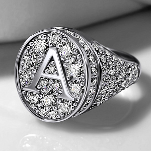 Кольцо-печатка с монограммой буква А из белого золота с бриллиантами (Вес 14 гр)