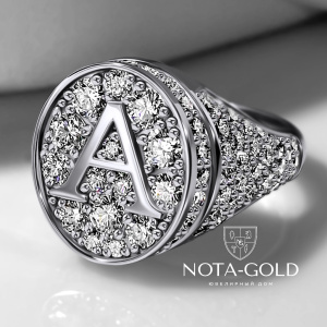 Кольцо-печатка с монограммой буква А из белого золота с бриллиантами (Вес 14 гр)