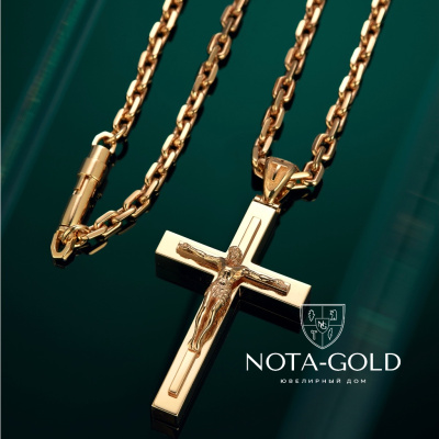 Православный крест с распятием на цепочке Якорь из желтого золота (Вес 65 гр.)