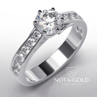 Кольцо из белого золота с бриллиантом 0,7ct и дорожкой бриллиантов (Вес 3,4 гр. )