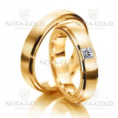 Матовые обручальные кольца с бриллиантом принцесса на заказ (Вес пары: 12 гр.)