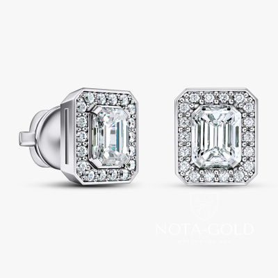 Серьги пусеты из белого золота с лабораторными бриллиантами Радиант с обсыпкой  (Вес 3,3 гр.)