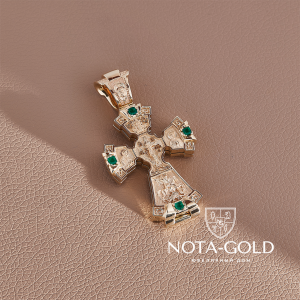 Раскрывающейся крест-мощевик из позолоченного серебра с цветными фианитами и ликами святых (Вес: 36 гр.)