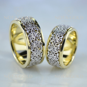 Широкие подвижные обручальные кольца с узорами из двухцветного золота (Вес пары: 21 гр.)