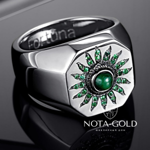 Кольцо печатка Солнце из белого золота с изумрудами (Вес 8,5 гр.)