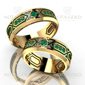 Обручальные кольца Палас с изумрудами и бриллиантами, с зелёной эмалью (Вес пары:16 гр.)