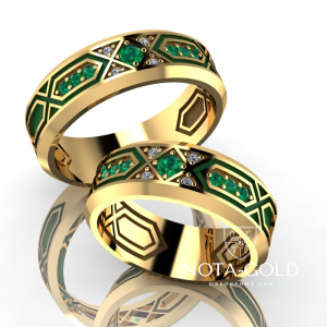 Обручальные кольца Палас с изумрудами и бриллиантами, с зелёной эмалью (Вес пары:16 гр.)