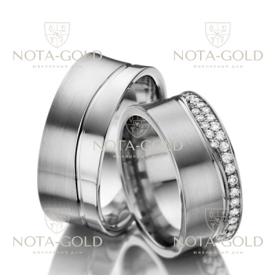 Широкие вогнутые платиновые обручальные кольца с бриллиантамм в женском кольце (Вес пары: 23 гр.)
