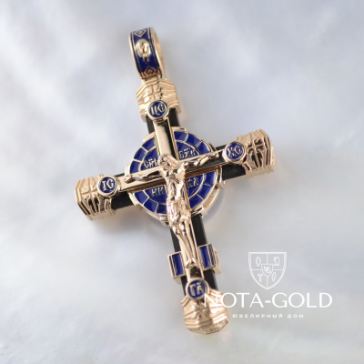 Нательный позолоченный серебряный  крест с деревом Эбен, эмалью и образом иконы Спас Нерукотворный (Вес 18 гр.)