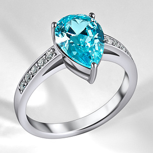 Женское кольцо из белого золота с бриллиантами и аквамарином (Вес 3,6 гр.)