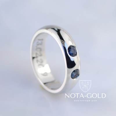 Мужское кольцо на заказ из белого золота с сапфирами и датой рождения (Вес: 5 гр.)