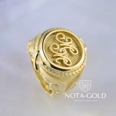 Мужское кольцо-печатка с инициалами из жёлтого золота (Вес: 30 гр.)