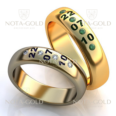 Обручальные кольца с датой свадьбы бриллиантами и изумрудами на заказ (Вес пары: 9 гр.)