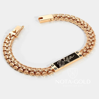 Мужской браслет с личной символикой из красного золота с черными бриллиантами (Вес 26 гр.)