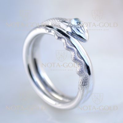 Эксклюзивное золотое кольцо на заказ из белого золота со змеей и аквамарином (Вес: 16 гр.)