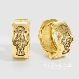 Широкие женские серьги кольца из желтого золота с православной символикой (Вес 14,5 гр.)
