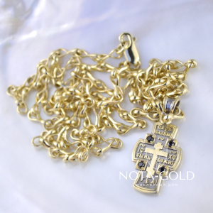 Нательный крест из жёлтого золота с чернением и бриллиантами на цепочке плетение Бесконечность (Вес: 24 гр.)