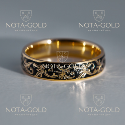 Золотое кольцо с черной эмалью и узором (Вес 5 гр.)