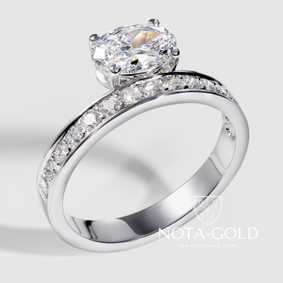 Кольцо из белого золота с бриллиантом огранки Овал и дорожкой бриллиантов (Вес 3 гр. )