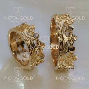 Парные обручальные кольца корона с бриллиантами в женском кольце на заказ (Вес пары: 15 гр.)