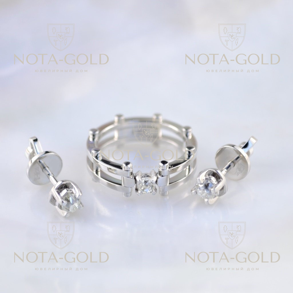 Женский ювелирный комплект серьги и кольцо из белого золота с бриллиантами(Вес: 7,5 гр.)