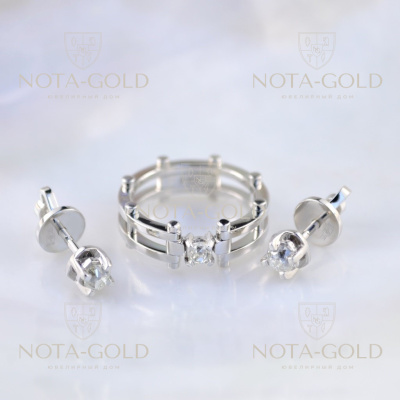 Женский ювелирный комплект серьги и кольцо из белого золота с бриллиантами (Вес: 7,5 гр.)