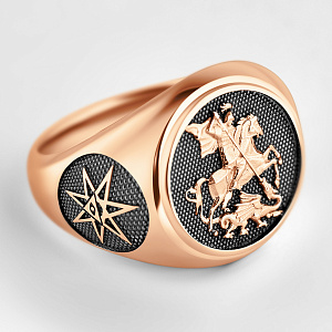 Кольцо-перстень Георгий Победоносец с семиконечной звездой из красного золота (Вес: 24 гр.)