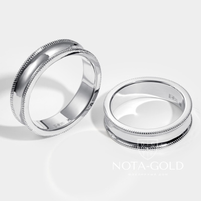 Обручальные кольца вогнутого сечения из белого золота с узором (Вес пары 12 гр.)