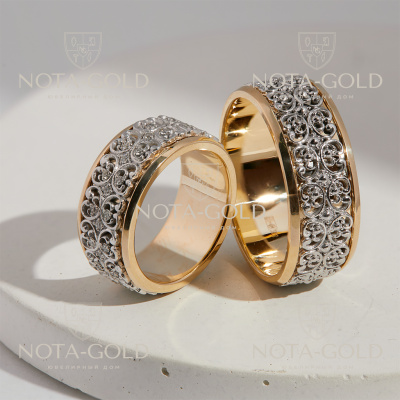 Двухцветные обручальные кольца с бриллиантами и рельефным узором на заказ (Вес пары: 24 гр.)