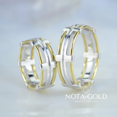 Обручальные кольца эксклюзивного дизайна из белого и жёлтого золота (Вес пары: 16 гр.)